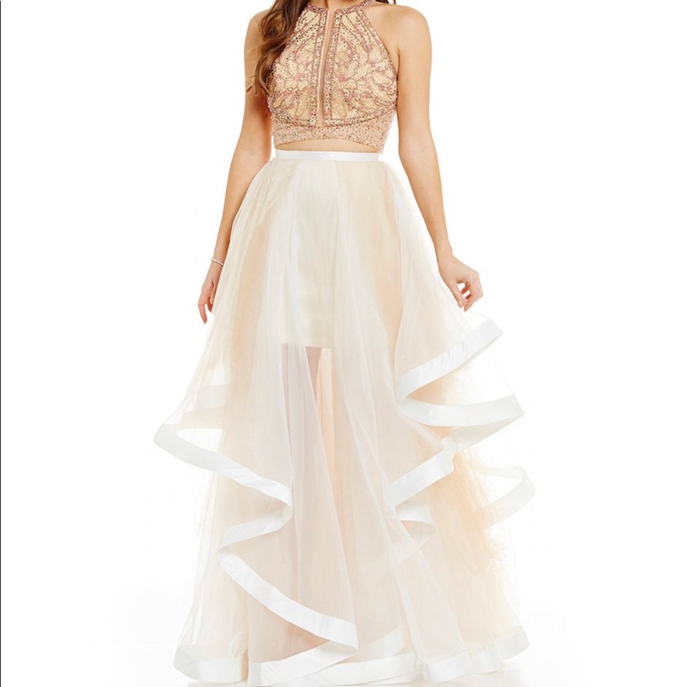 Beaded High Neck Top Two-Piece Layered Ball Gown
